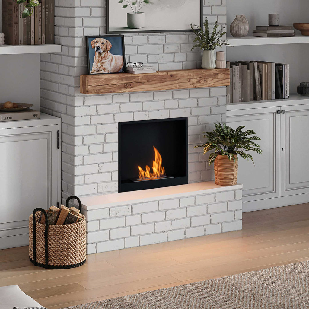 Modern living room with a white brick fireplace, wooden mantel, and decorative items.