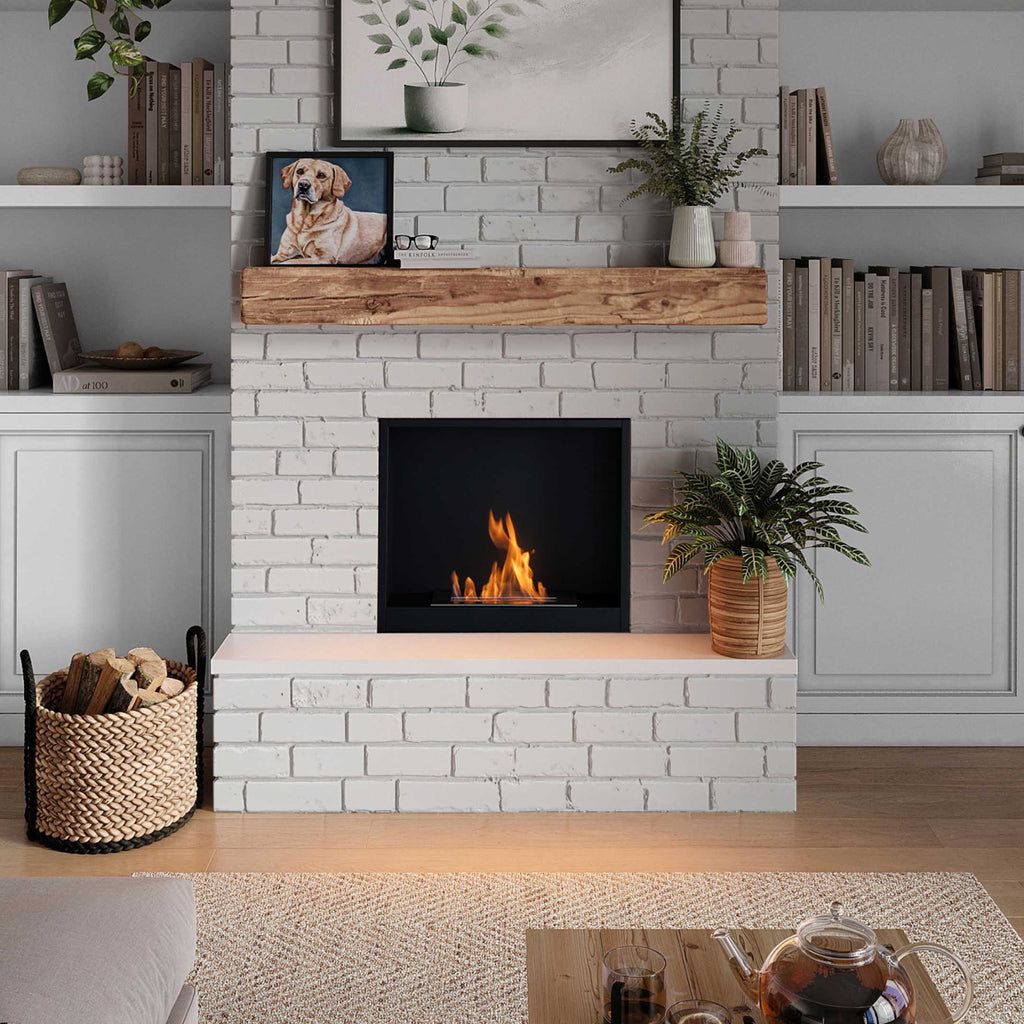 Living room with a white brick fireplace, wooden mantel, and decorative items.