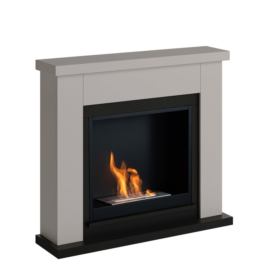 Modern fireplace with gray surround and black interior on a white background