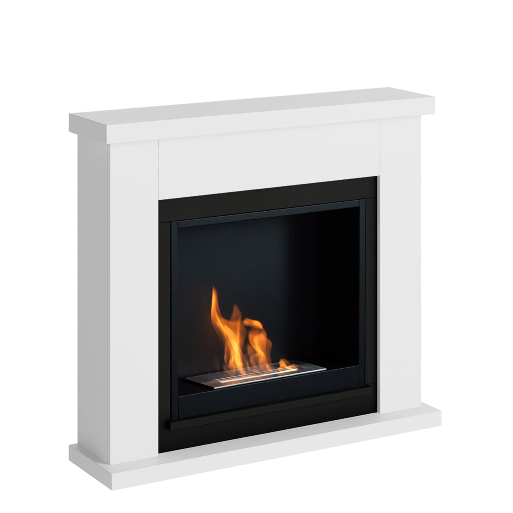 White fireplace with a black interior and flames on a white background