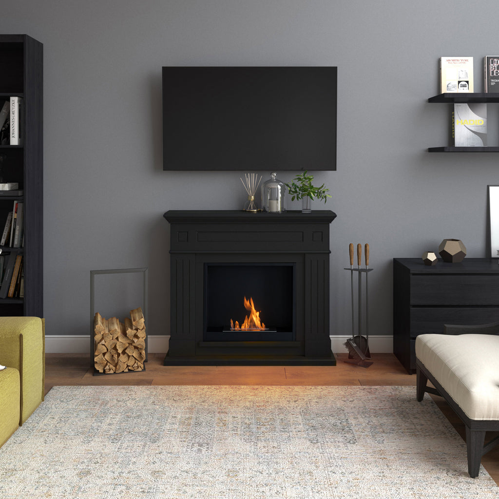 Living room with a black fireplace, TV, and decorative items.