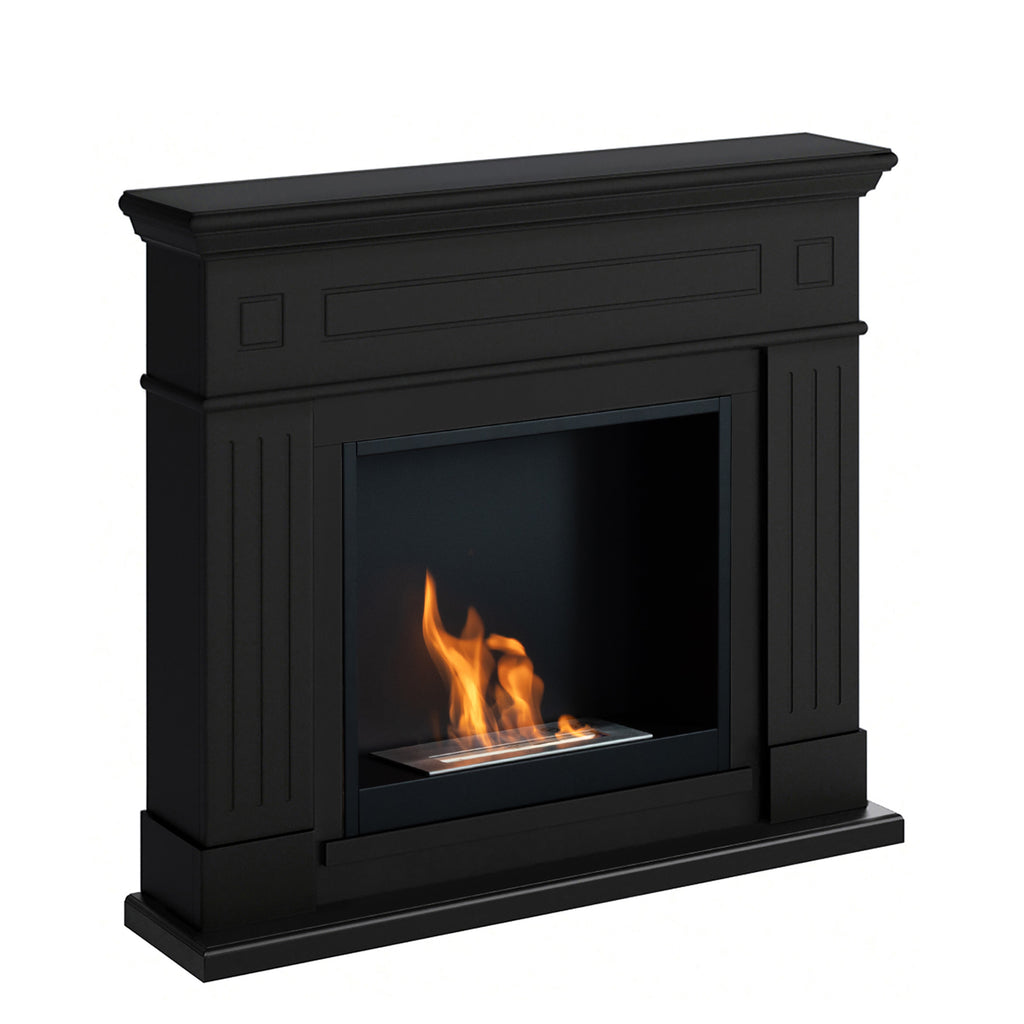 Black fireplace with a glowing fire inside on a white background