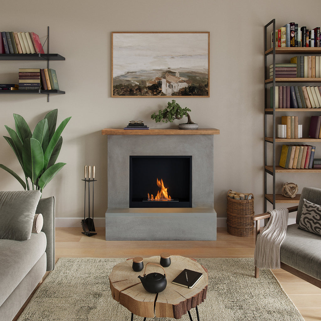 Modern living room with a fireplace, bookshelves, and decorative items.