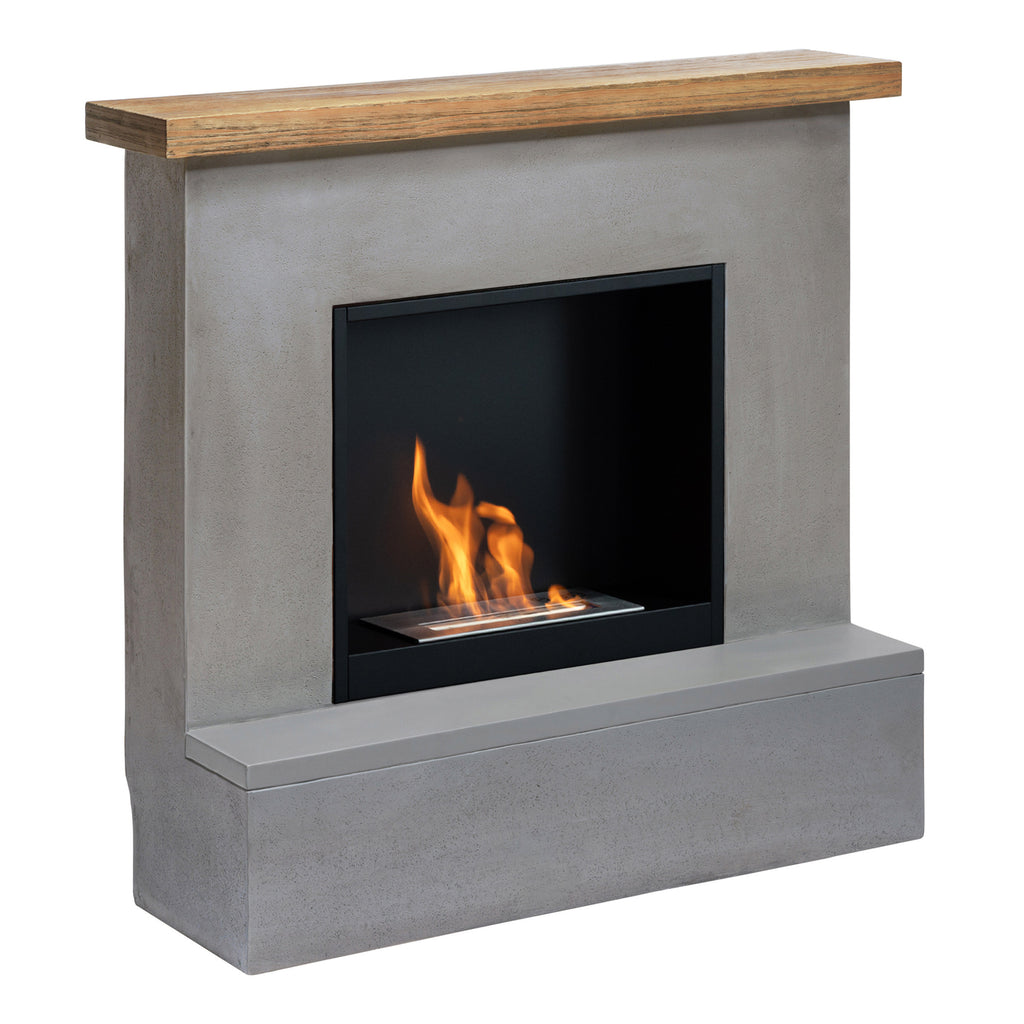 Modern fireplace with concrete surround and wooden mantel on a white background