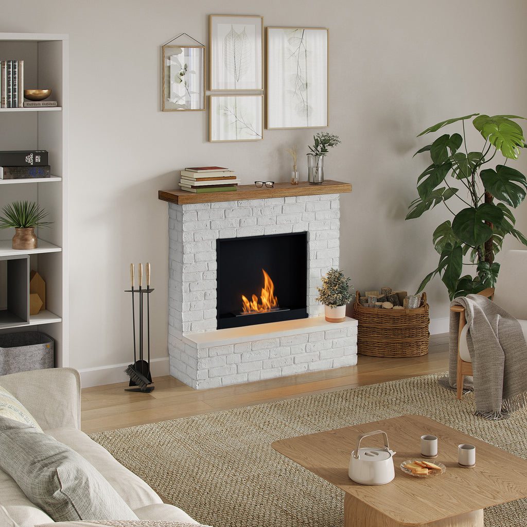 Living room with a white brick fireplace, wooden coffee table, and decorative items.
