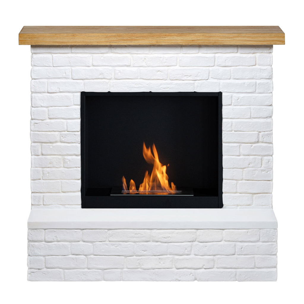 White brick fireplace with a wooden mantel and burning fire inside.