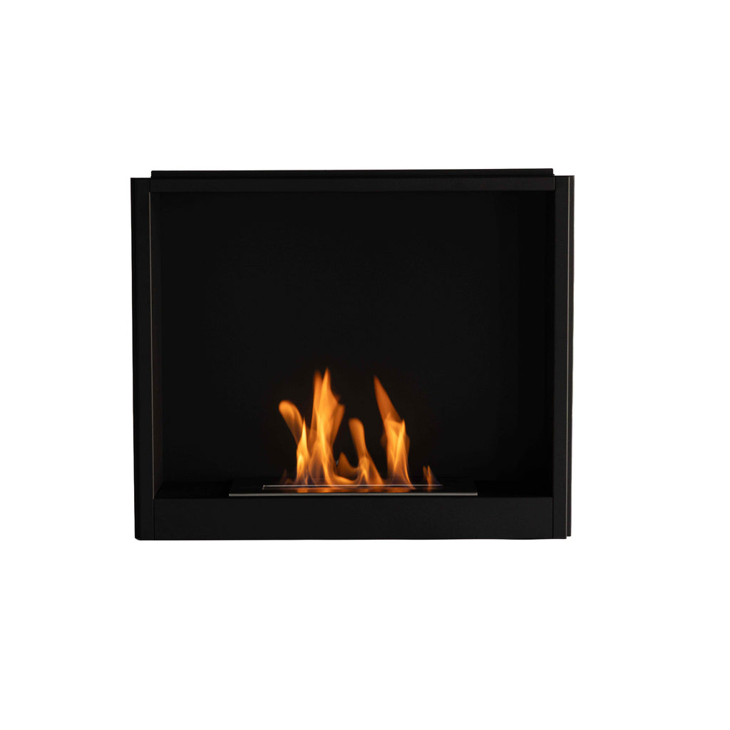Modern black fireplace with flames on a white background